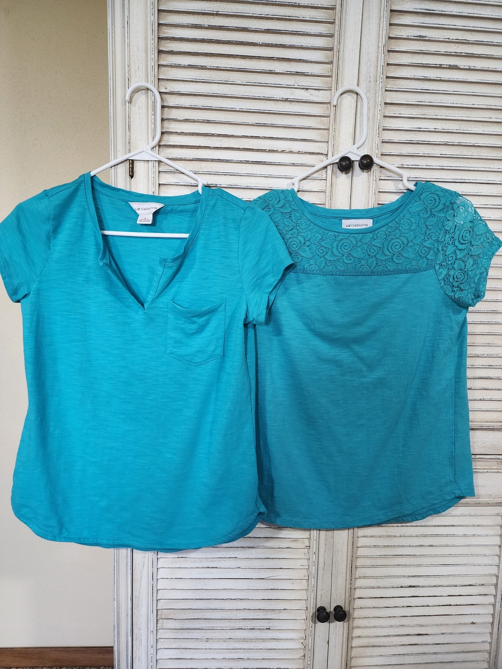 Teal Liz ClaiborneShort Sleeve Tee Set - Pocket V-Neck + Lace Yoke Bundle